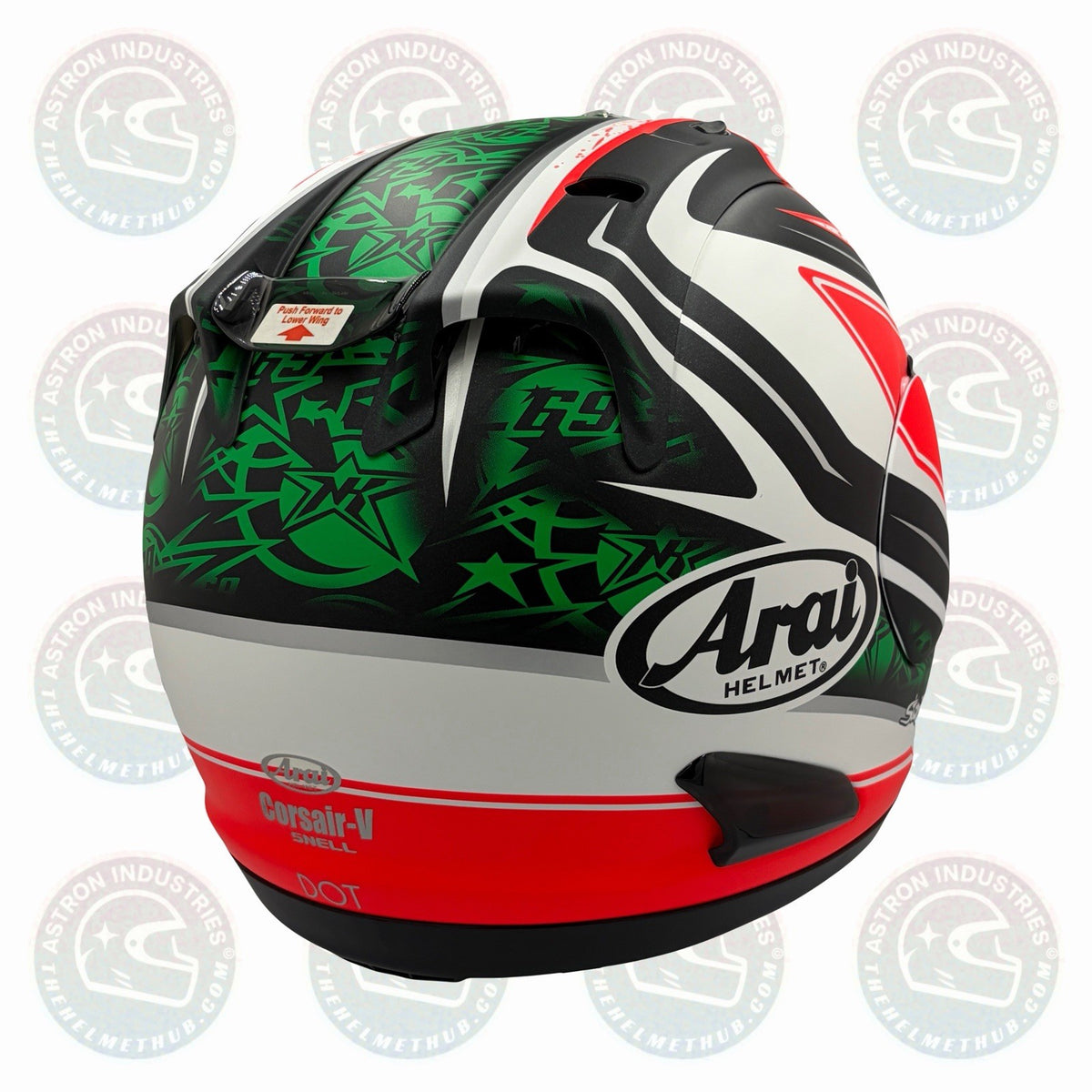 Arai Corsair-V Nicky-4 motorcycle helmet, rear with green star graphic